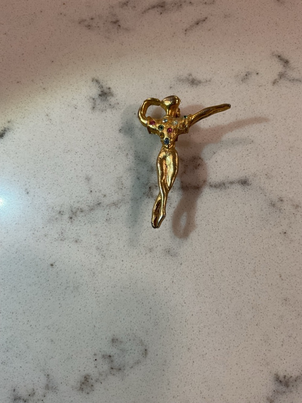 Vintage Gold-Tone Ballet Dancer Figurine Pendant w Multicolor Rhinestones